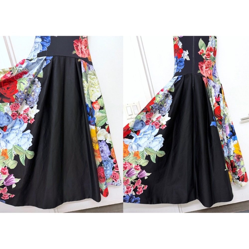 Alice + Olivia Adley Drop Waist Midi Dress Garden Brunch Black Floral Colorful 4 - Picture 7 of 16